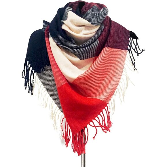 Women's Red Navy Lattice Scarf Fashion Long Plaid Shawls Wraps Big Grid Winter - Picture 6 of 6